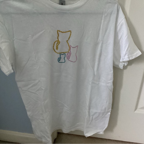 Hand Crafted Cat Design Tee - White with Gold, Pink, and Blue Accents - Picture 2 of 2